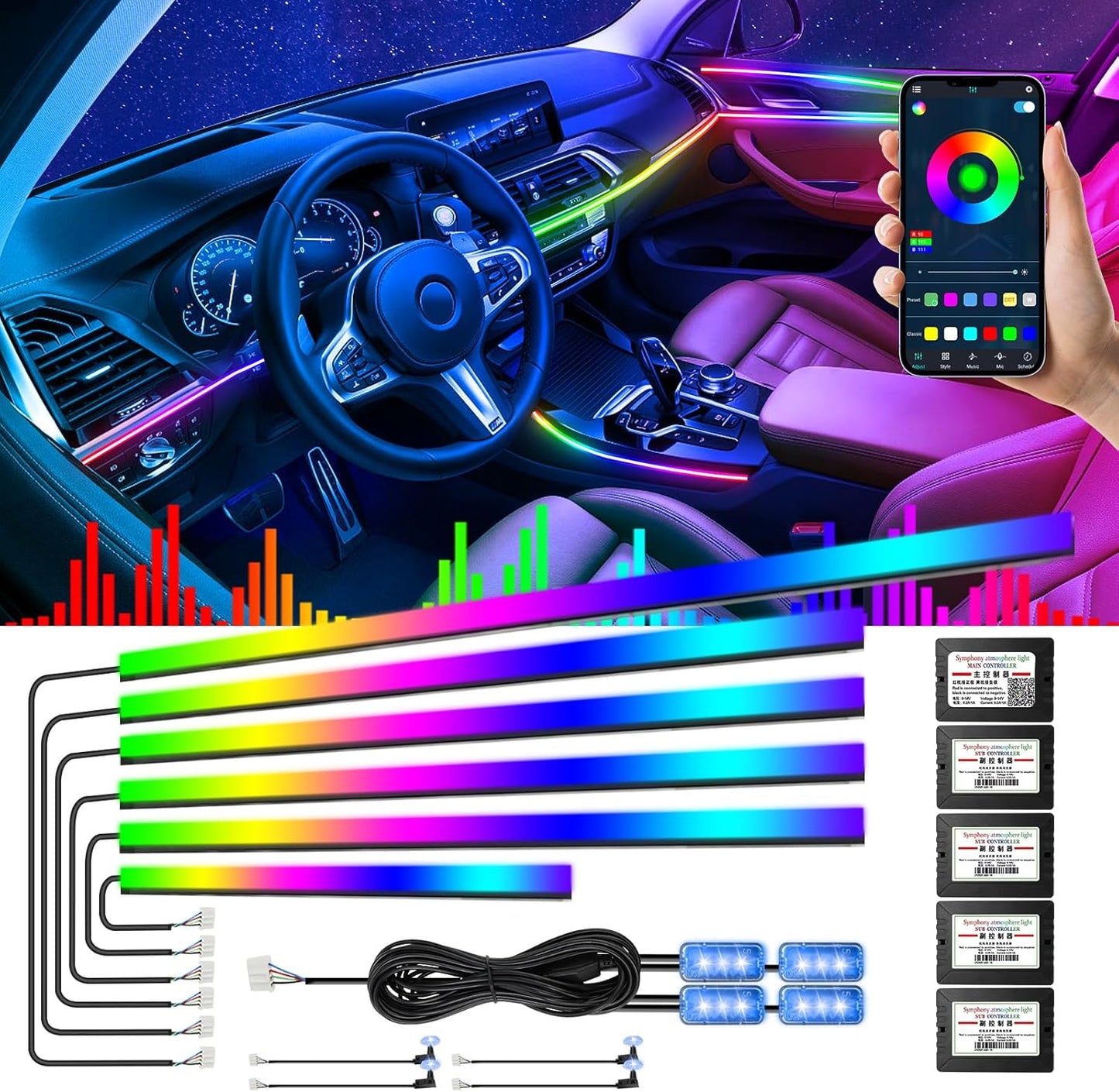 Dreamcolor Acrylic Interior Car Lights, AMKI Car LED Strip Light with APP Control, Car Accessories Car Ambient Neon Light Kit with RGB 14 in 1 and 175 inches 593 LEDs, 16 Million Color Sound Activated