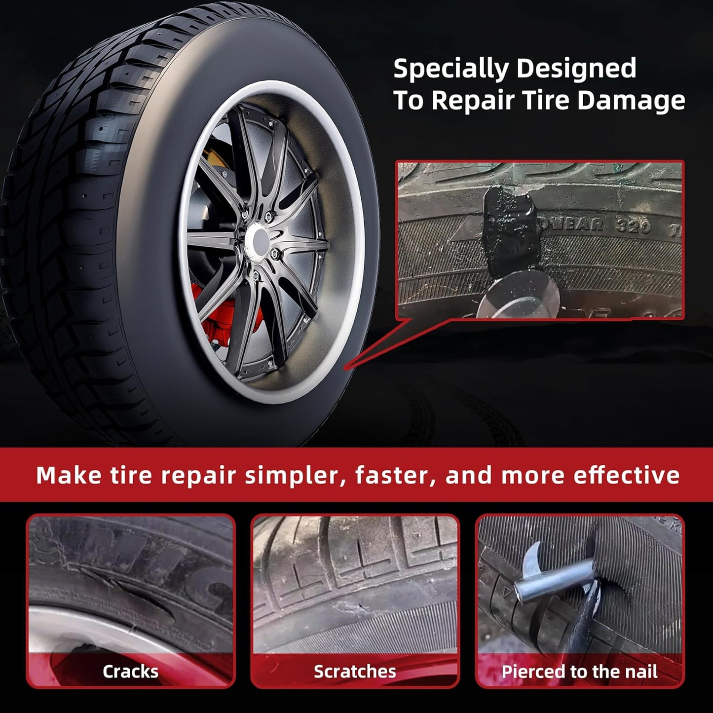 Tire Repair Glue 50ml, Rubber Cement Tire Repair, Tire Plug Glue, Tire Patch Glue Heavy Duty, Three Sizes Tire Repair Nail 9 Pcs, Sidewall Tire Repair Kit for Car, Motorcycle, Bike, Truck, Tractor