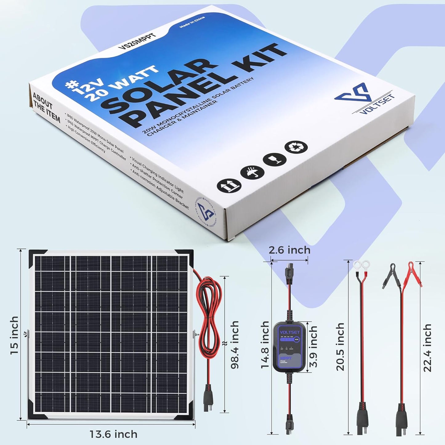 Solar Panel Kit 20W 12V with MPPT Controller, Solar Battery Trickle Charger Maintainer, Waterproof Solar Panel with Adjustable Mount Bracket for Boat RV Motorcycle Marine