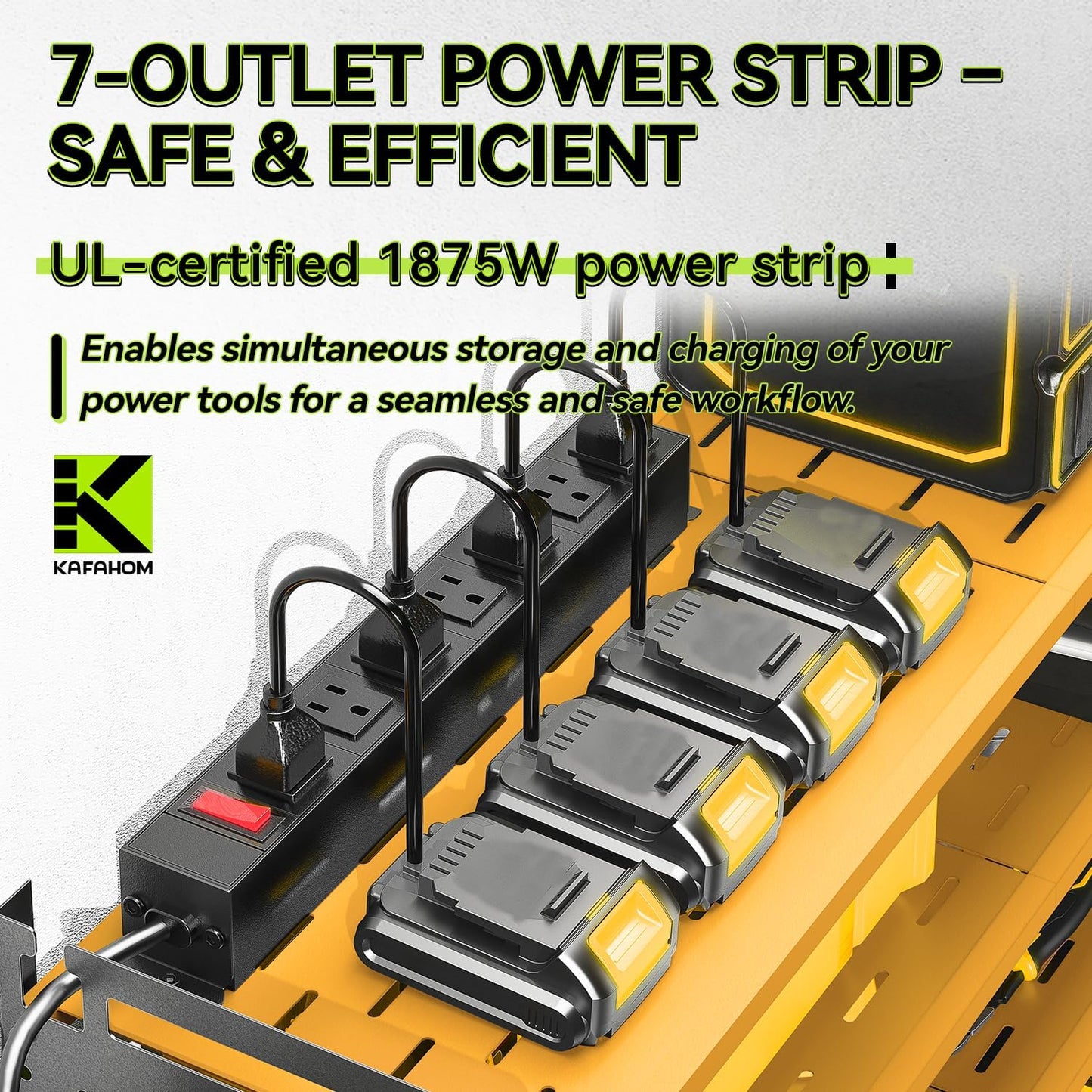 KAFAHOM Power Tool Organizer with Charging Station,9 Drill Holder Wall Mount,4 Layer Durable Metal Cordless Drill Storage for Garage Organization,Battery Tool Rack Built in 7 Outlet Power Strip-Yellow