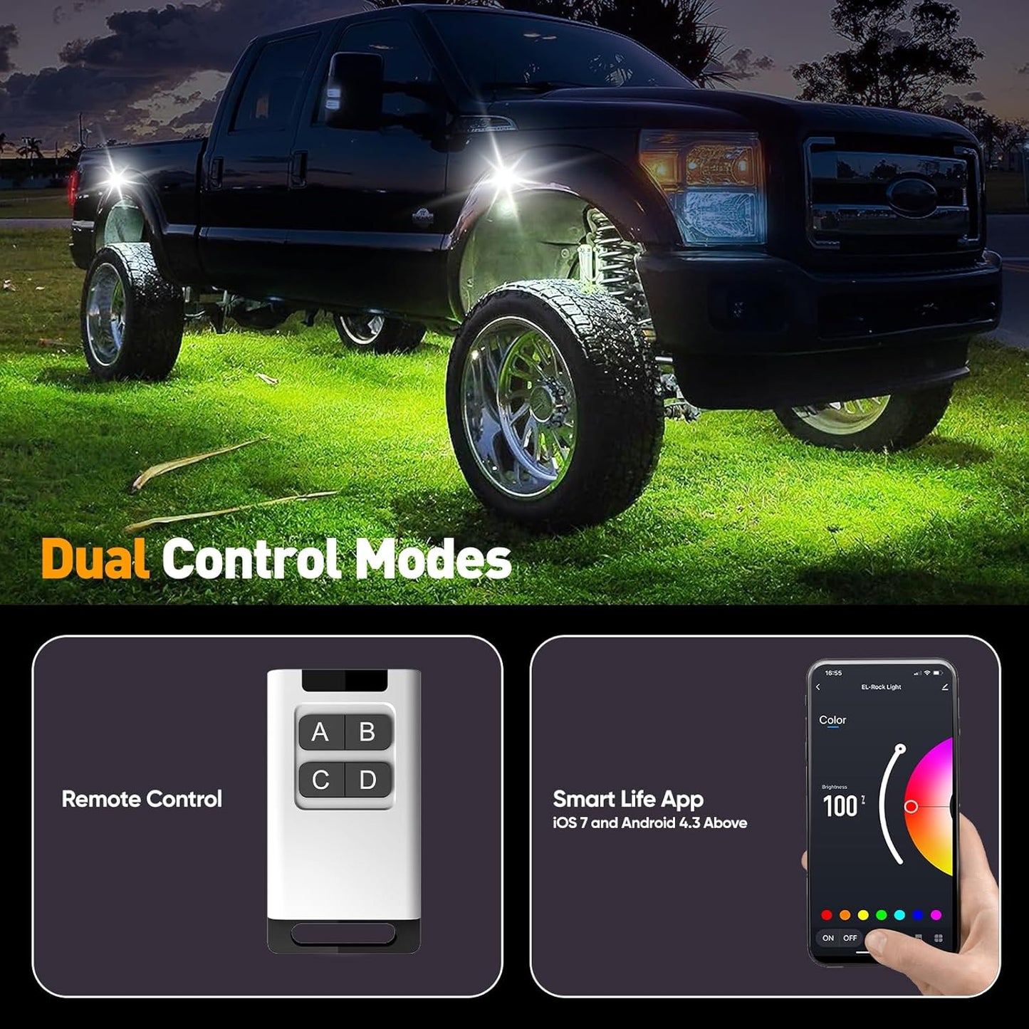 YiLaie RGB LED Rock Lights Kit 4 Pods, Upgraded Underglow Multicolor LED Light Pod with APP/RF Remote Control, Flashing Music Mode, Waterproof Multicolor Rock Lights for Trucks ATV UTV RZR SUV