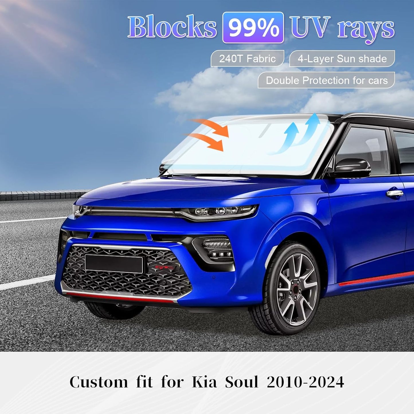 Sun Shade Sunshade for 2025 Kia Soul Windshield Cover, 4-Layer Front Window Shade Custom fit Soul 2010-2024 2025 Sun Visor 240T Retractable Shield Shade Blocks UV Rays Cooler Car Accessories