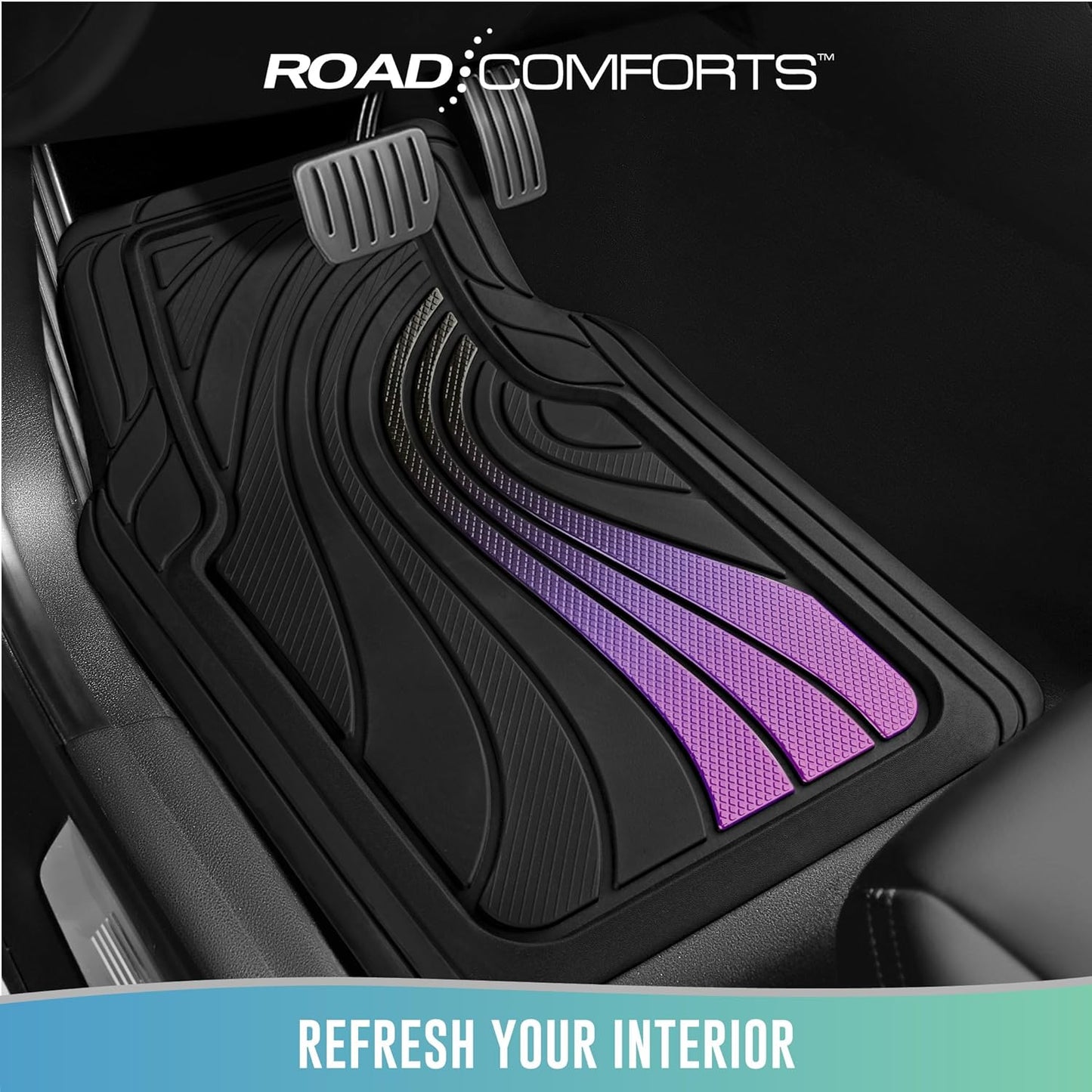 Road Comforts Car Floor Mats Full Set – Front & Rear Car Floor Mats with Aluminum Design, Anti-Slip Backing, All-Weather Protection, Trim-to-Fit Car Mats for Most Sedans, SUVs & Vans - Purple