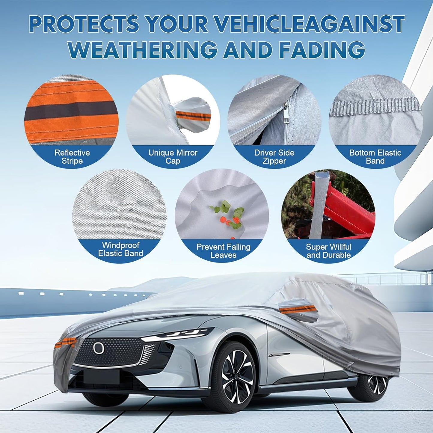 KEYOOG 6-Layer Full Car Cover is All-Weather Waterproof, Universal in All Seasons, Snow Prevention Rainproof, Acid Rainproof, Sunscreen, Ultraviolet-Proof, Fit MPV 199"-210" Orange Reflective Strip