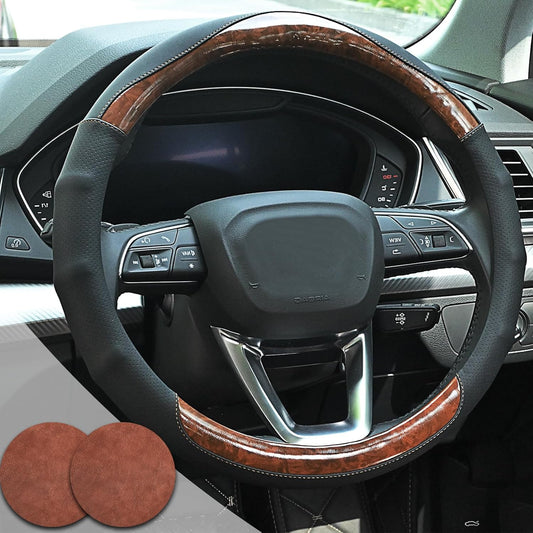 Wood Grain Steering Wheel Cover Car Steering Wheel Covers 14.5-15 inch with Coasters Microfiber Leather Splicing Breathable Anti-Slip Durable Universal Auto Steering Wheel Protective