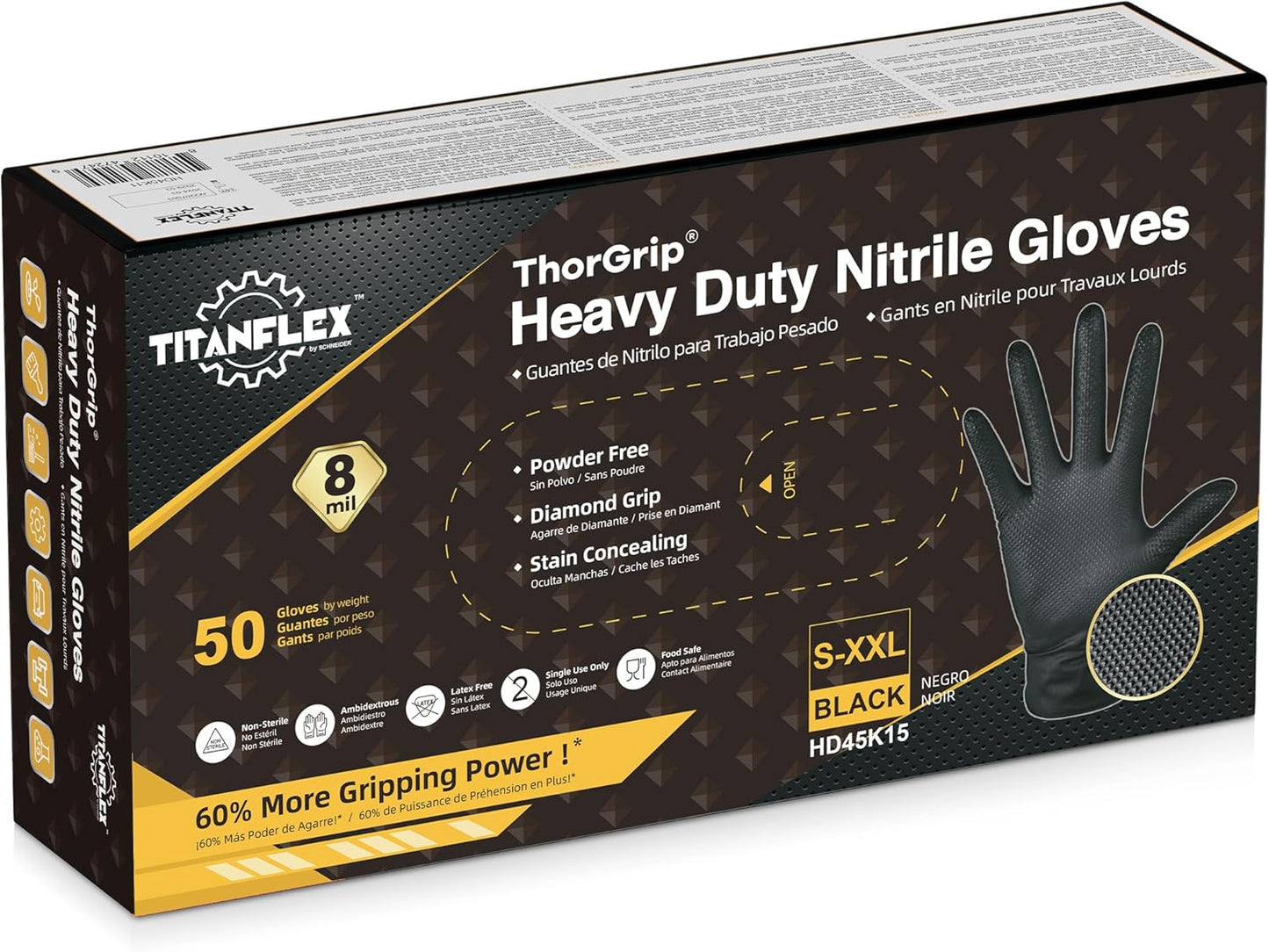 TitanFlex Thor Grip Heavy Duty Black Industrial Nitrile Gloves with Raised Diamond Texture, 8-mil, Latex Free