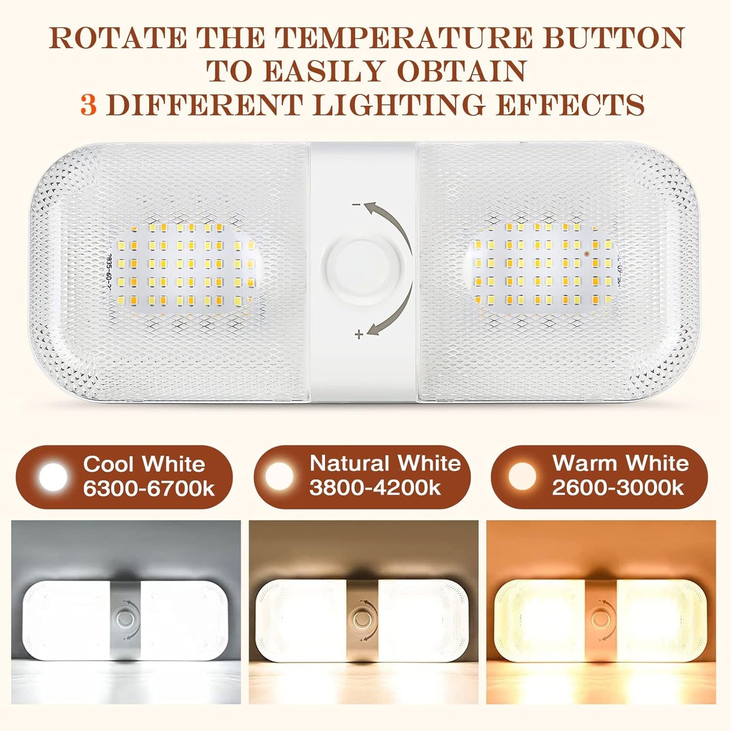 Retisee 10 Pcs RV Lights Interior 1700LM, 3 Color 12V RV LED Dome Lights Ceiling Double Lights Fixture with ON/Off for Camper/Car/Trailer/Boat, 2700-6700K