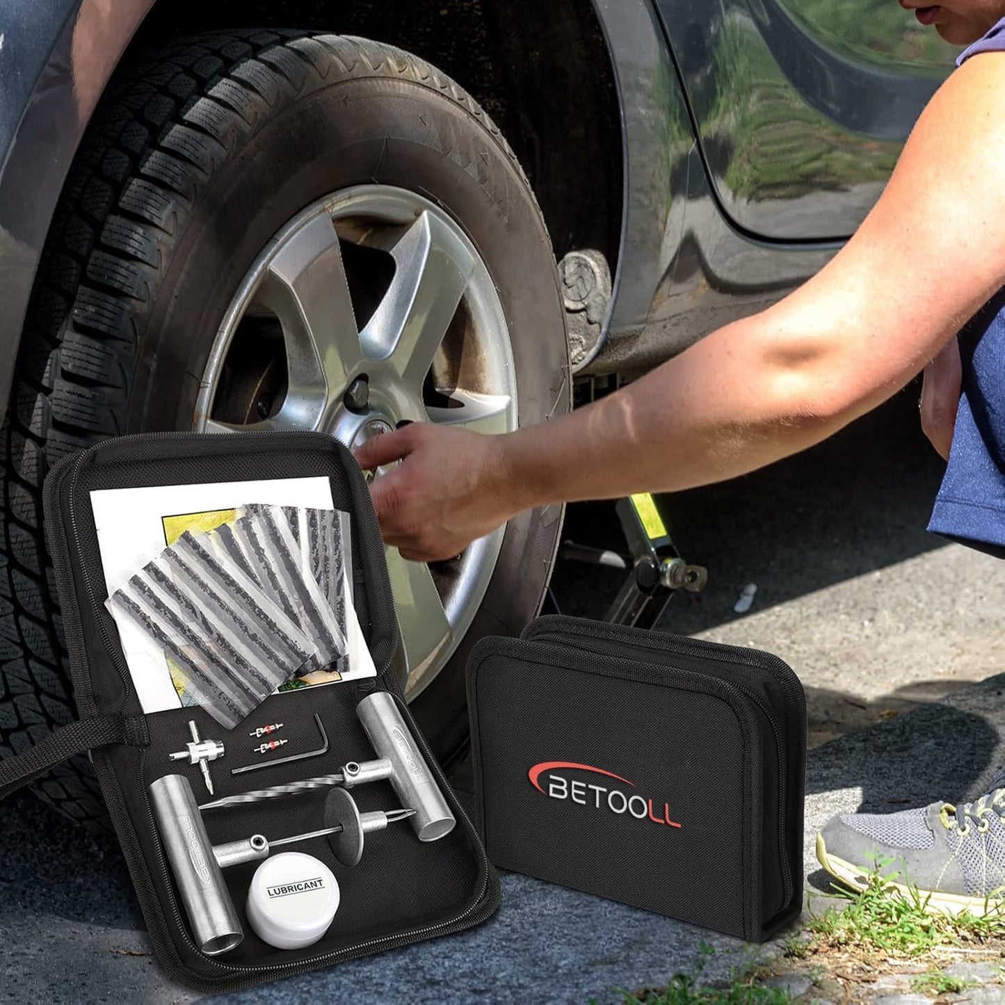 Tire Repair Kit, 24 Pcs Professional Heavy Duty Universal Emergency Flat Tire Repair Kit to Fix Punctures, for car Motorcycle, Truck, Golf Cart, ATV, Tractor, ARB, RV, SUV, Trailer etc.(Black)