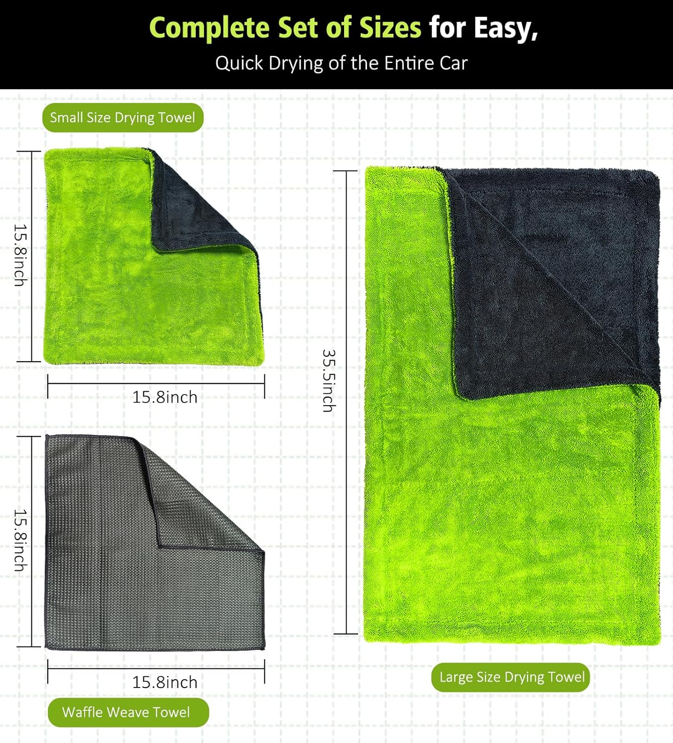 3 Pack Microfiber Towels for Car Detailing, 28" x 36" Extra Large Car Wash Drying Towels 16" x 16" Microfiber Edgeless No Scratches and Waffle Weave Absorbent Cloth for Truck, SUV