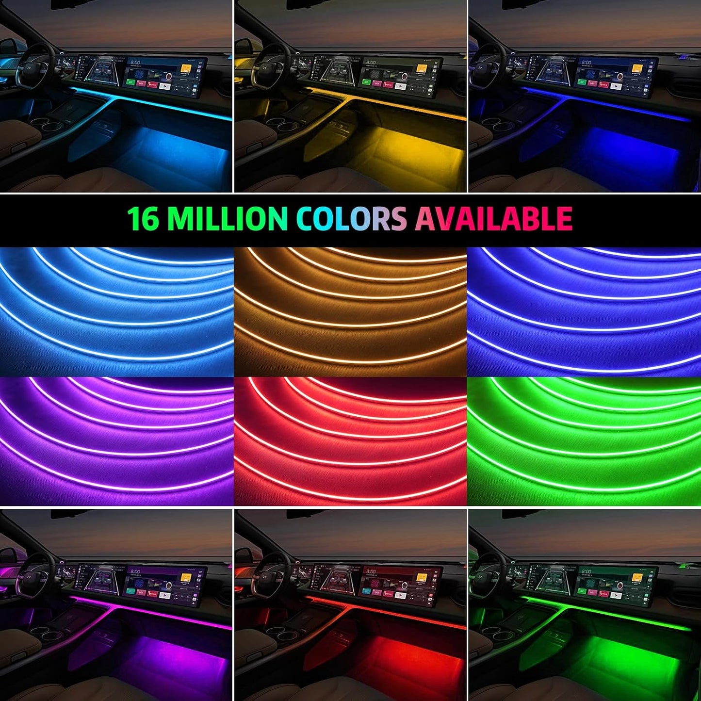 Acrylic Interior Car LED Strip Light, AMKI Car Neon Light with APP Control, 16 Million Colors Sound Activated Car Accessories Car Ambient Lighting Kit with RGB 18 in 1 and 213 Modes 175 inches 593 LED