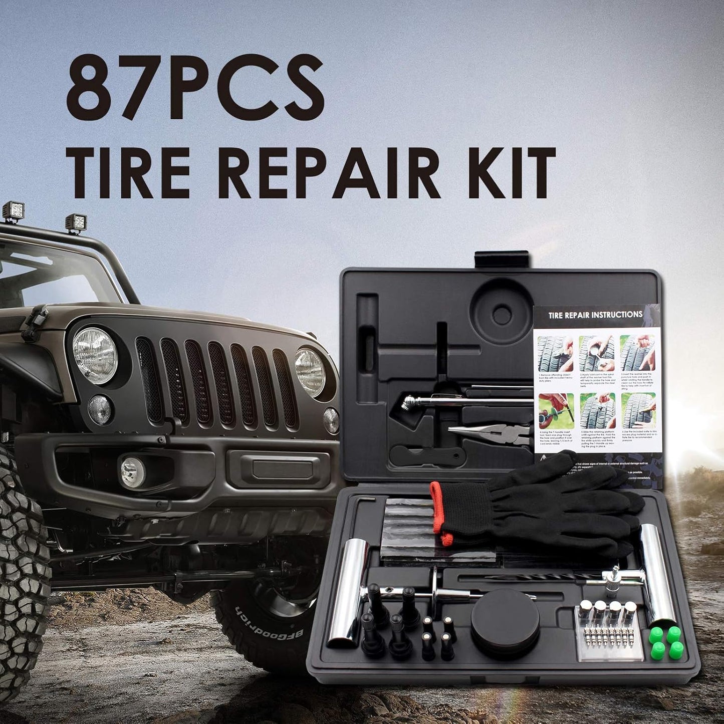 Tire Repair Kit, 87pcs Tire Patch Kit with Plugs to Fix Punctures and Plug Flats for Car, Motorcycle, Truck, Tractor, Trailer, RV, ATV, ARB, SUV
