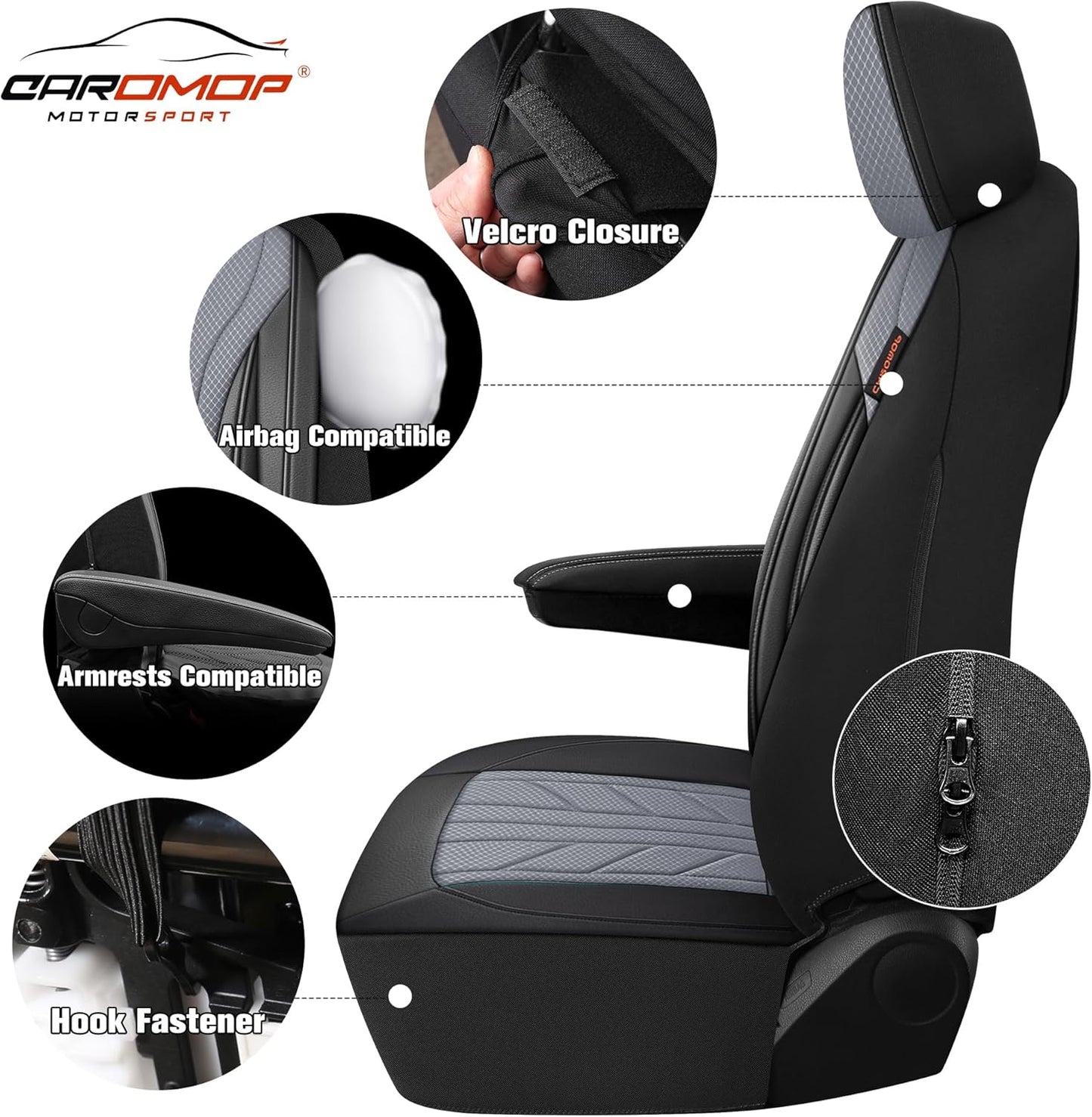 CAROMOP Luxury Faux Leather&Fabric Car Seat Covers 2 Front Seats with Breathable 3D Foam Back Support, Universal Seat Covers for Cars,Trucks,SUVs, Front Armrests Compatible(Black/Grey)