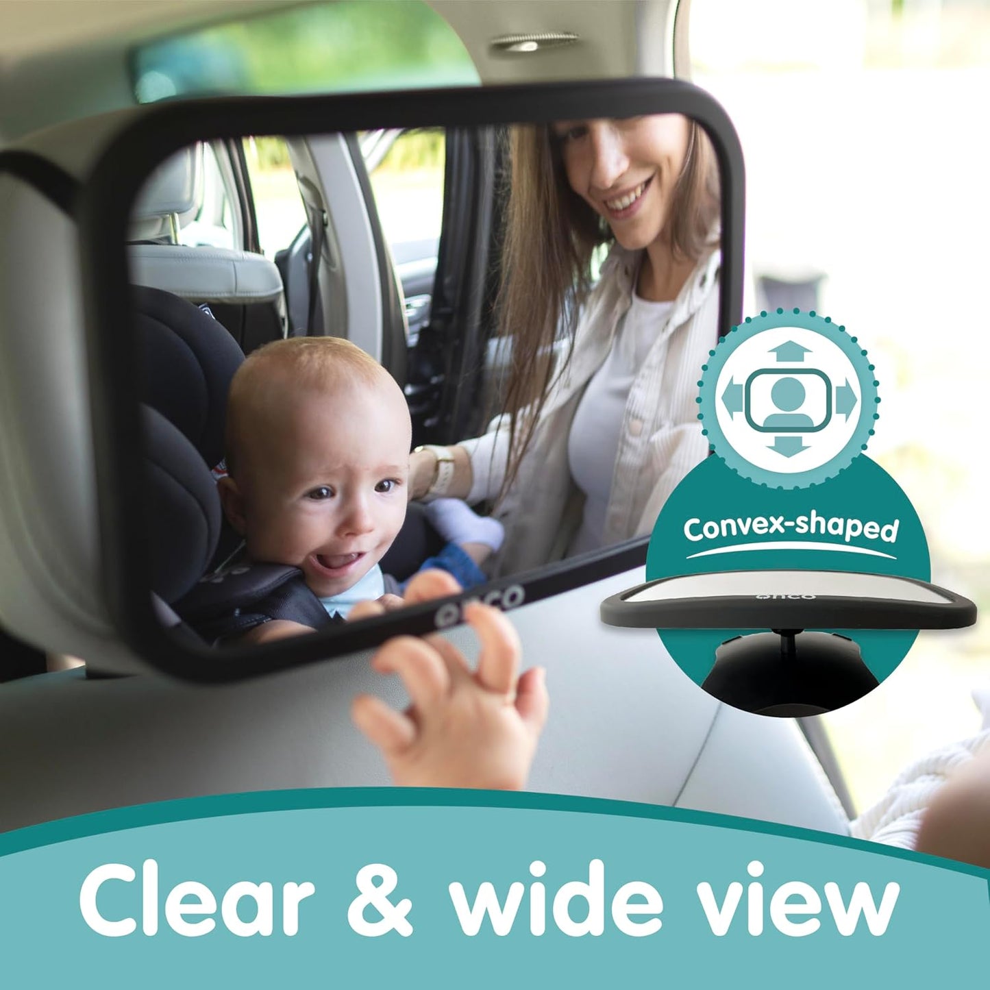 Onco Baby Car Mirror Rear Facing - Double Award-Winning Convex Car Mirror for Baby, 100% Shatterproof & Shakeproof with 360° Rotation, Newborn Essentials (9.6 x 6.9 in)
