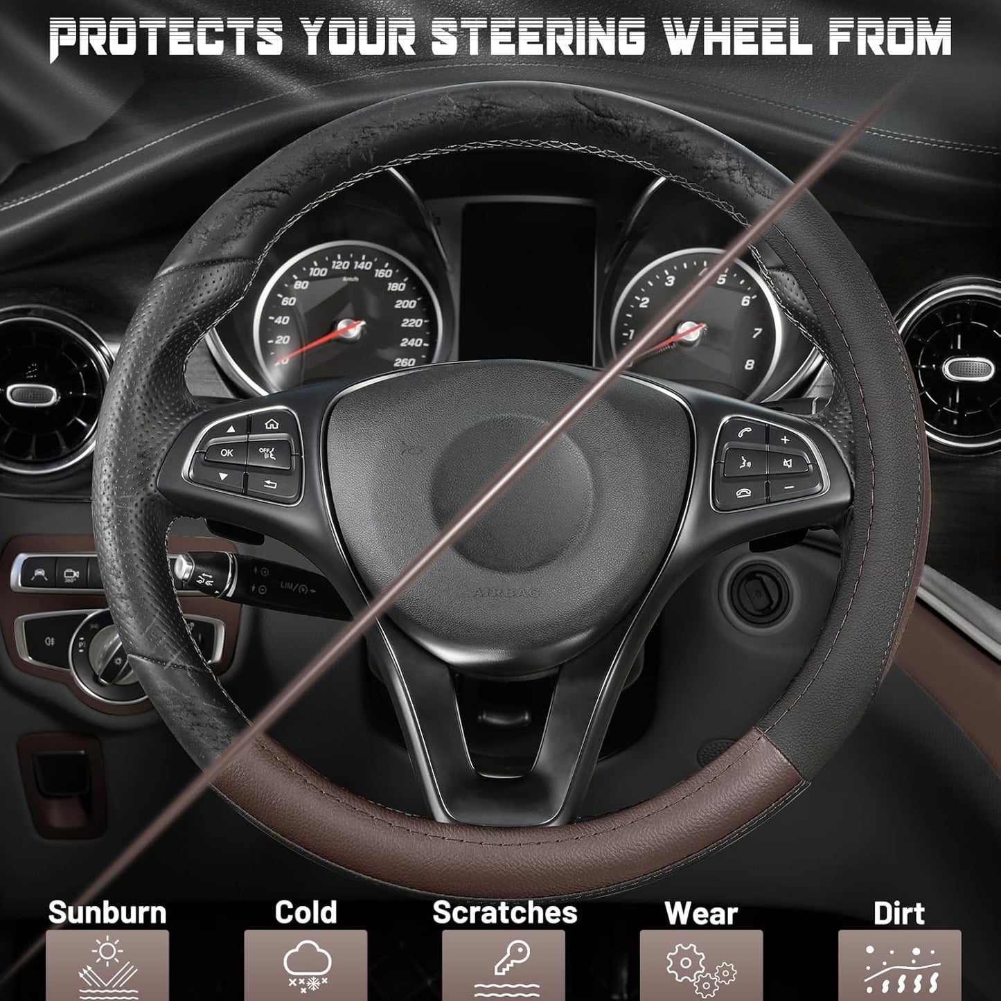 SEG Direct Steering Wheel Cover for Car, Standard Size 14.5-15 inch, Auto Interior Accessories, Black and Dark Brown