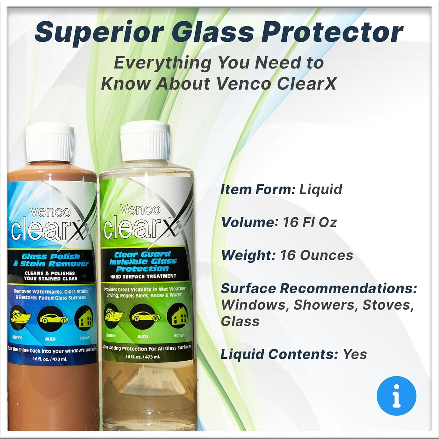 Venco Clear X Glass Polish & Protector - 16oz Kit for Removing Rust, Burnt-In Stains, Water Spots - Protects & Repels Water, Snow - Ideal for Yachts, Cars, Home Windows, RVs & More - Made in USA