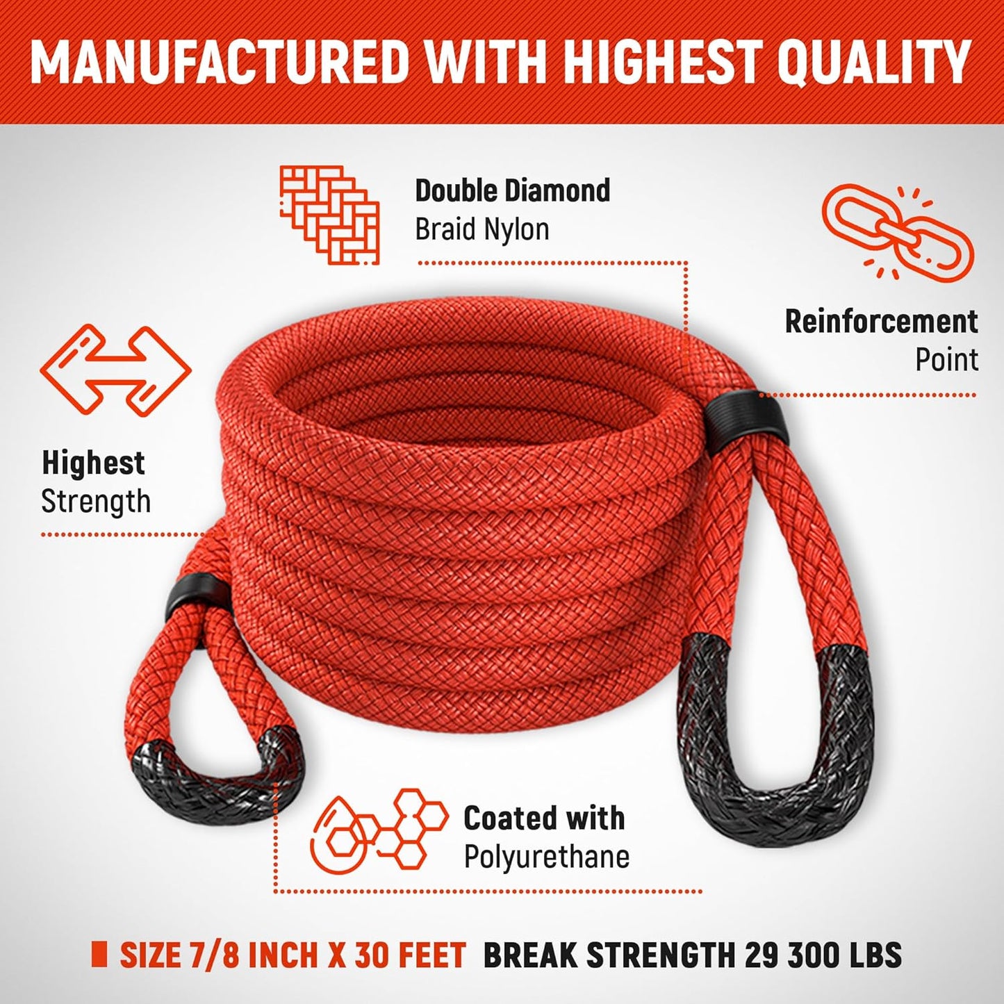 MiolleGear Kinetic Recovery Rope kit (7/8" x30', 10000lbs WLL) Heavy Duty Tow Rope - Includes 2 Soft Shackle 3/8 for UTV, ATV, Truck, Car, Jeep, Tractor