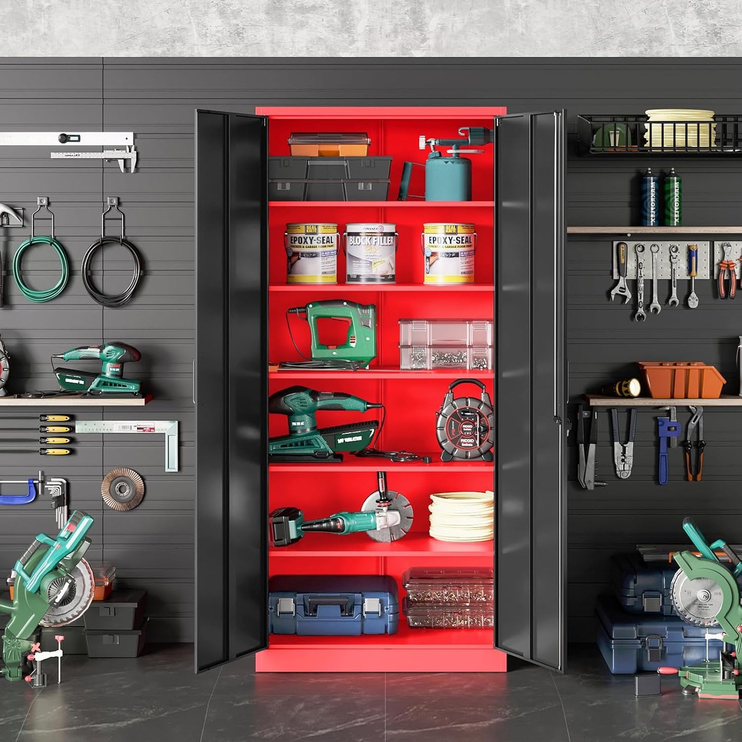 SISESOL Red Metal Storage Cabinet with Locking Doors and Shelves,Garage Storage Cabinet with Lock,Steel Locker,Lockable Cabinets for Home,Office,Shop,Garage Cabinets