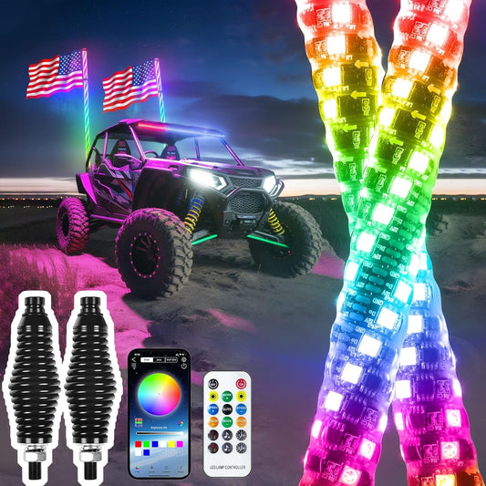 3FT-2 PC Spiral RGB LED Whip Light RGB Chasing/Dancing Light RF Remote Control Lighted Whip Lights for UTV, ATV, Off Road, Truck, Sand, Buggy Dune, RZR