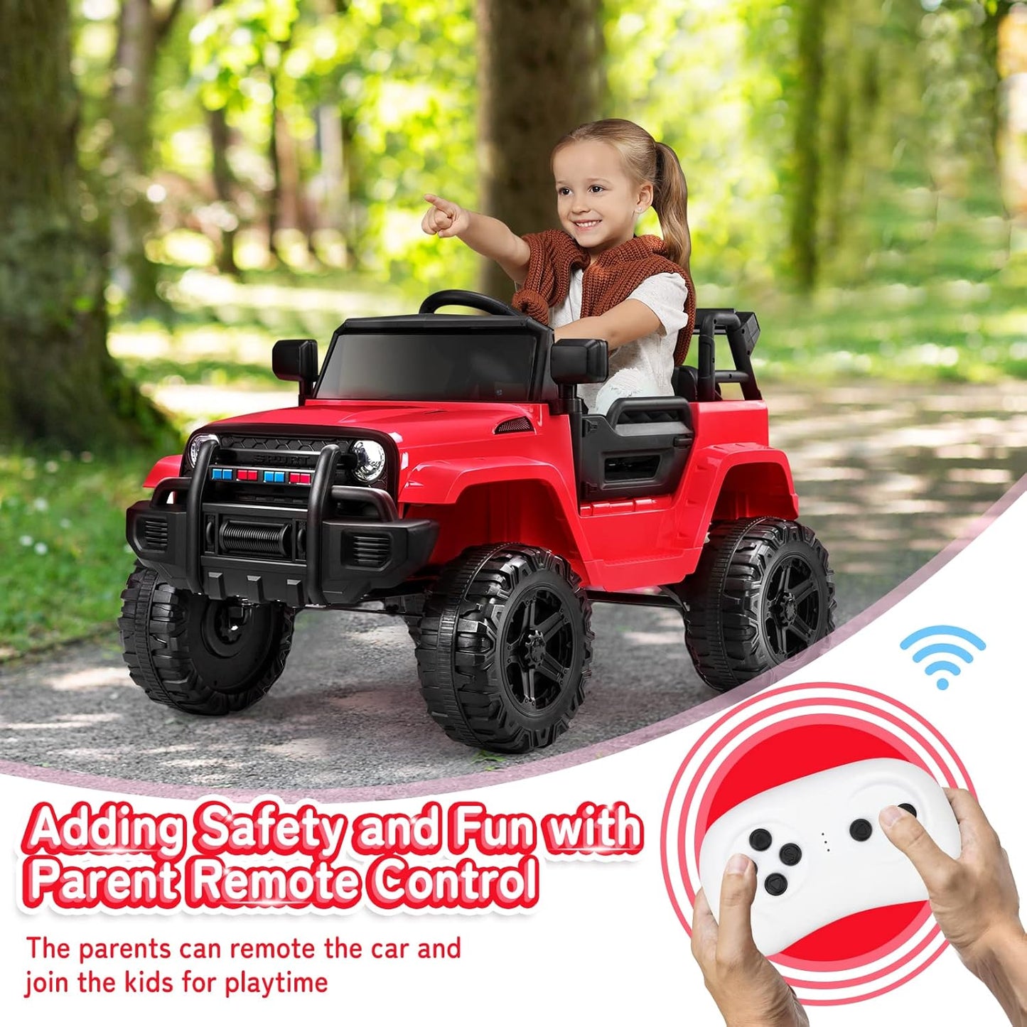 JOYMOR Ride on Truck with Remote Control, 4 Wheels 12V Battery Powered Kids Car, with LED Headlight/Horn Button/ MP3 Player/USB Port/Forward Backward/Kids Girl Boy (red)