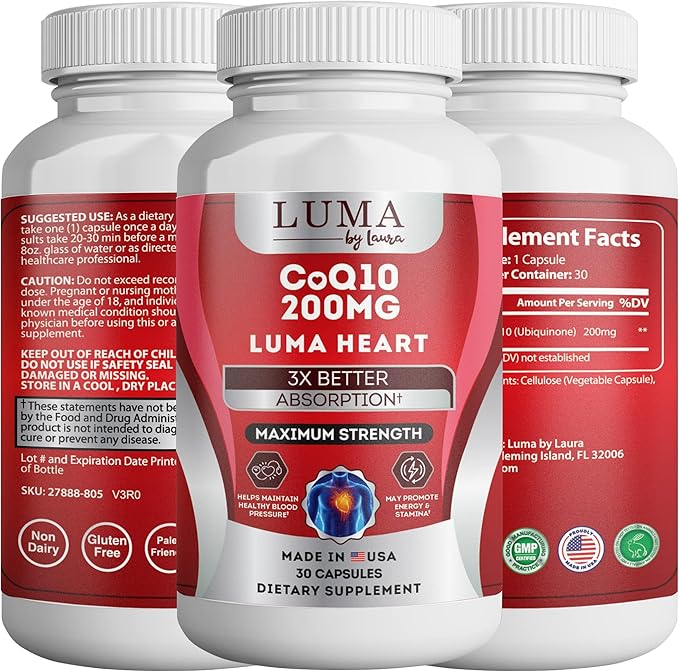 CoQ10 200mg Capsules for Heart Health - High-Absorption Nutritional Supplements - Cruelty-Free, Unflavored, & Gluten-Free - 30 Capsules per Bottle