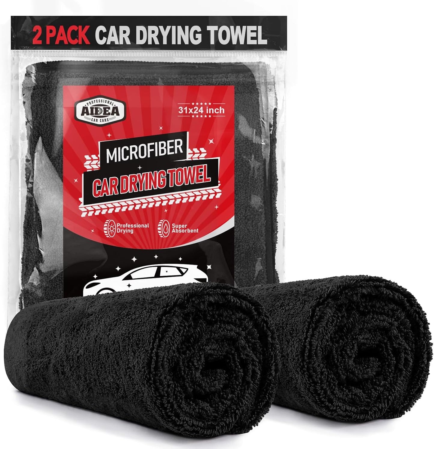 AIDEA Microfiber Towels for Cars-2PK, Large Professional Car Drying Towel, Scratch-Free & Absorbent Drying Towel for Cars, SUVs, RVs, Trucks, and Boats, 24inx 31in, Black