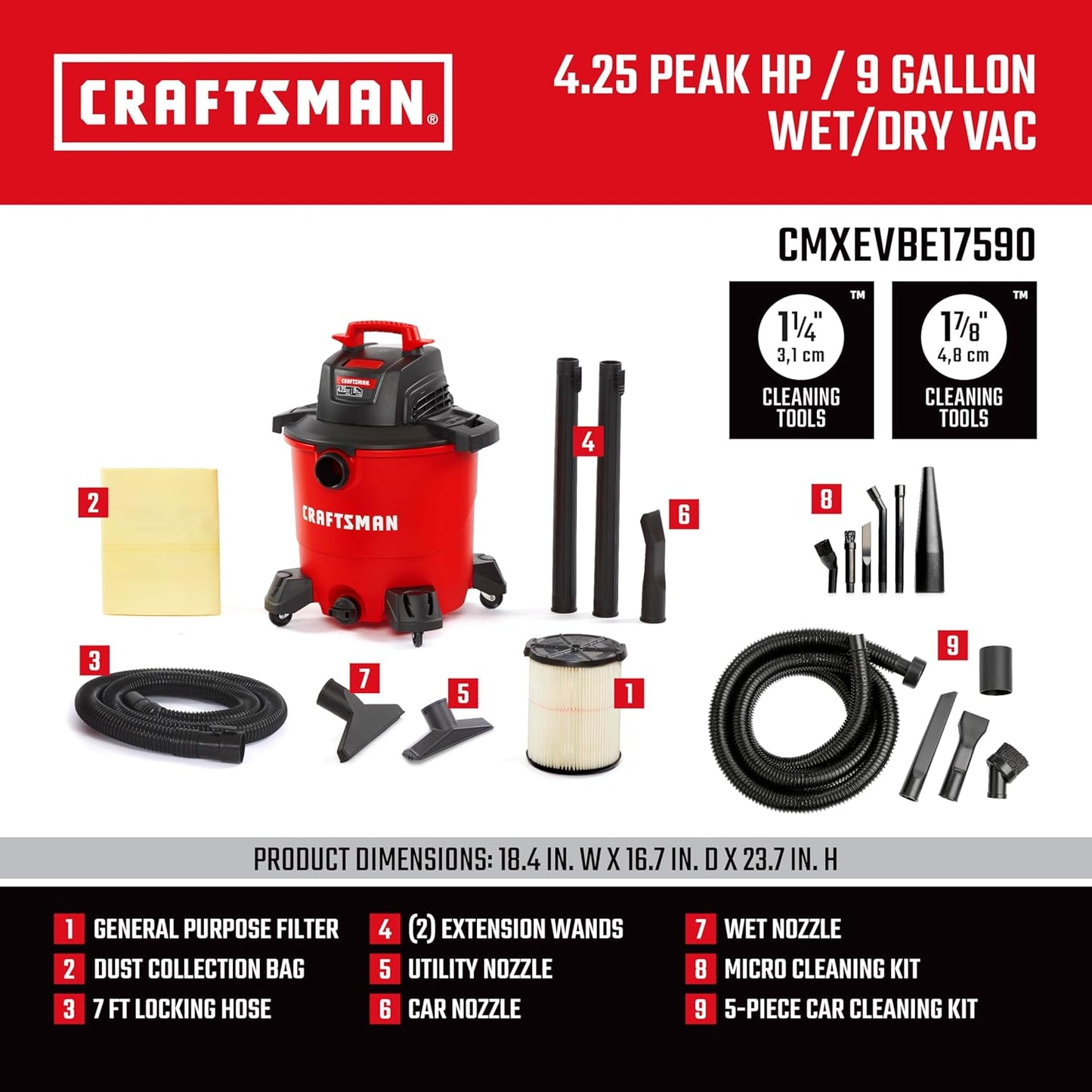 CRAFTSMAN CMXEVBE17590 9 Gallon 4.25 Peak HP Wet Dry Vac, Portable Shop Vacuum Wet and Dry with Filter, Dust Bag, Hose, Car Cleaning Kit and Micro Cleaning Kit for Home and Garage Cleaning