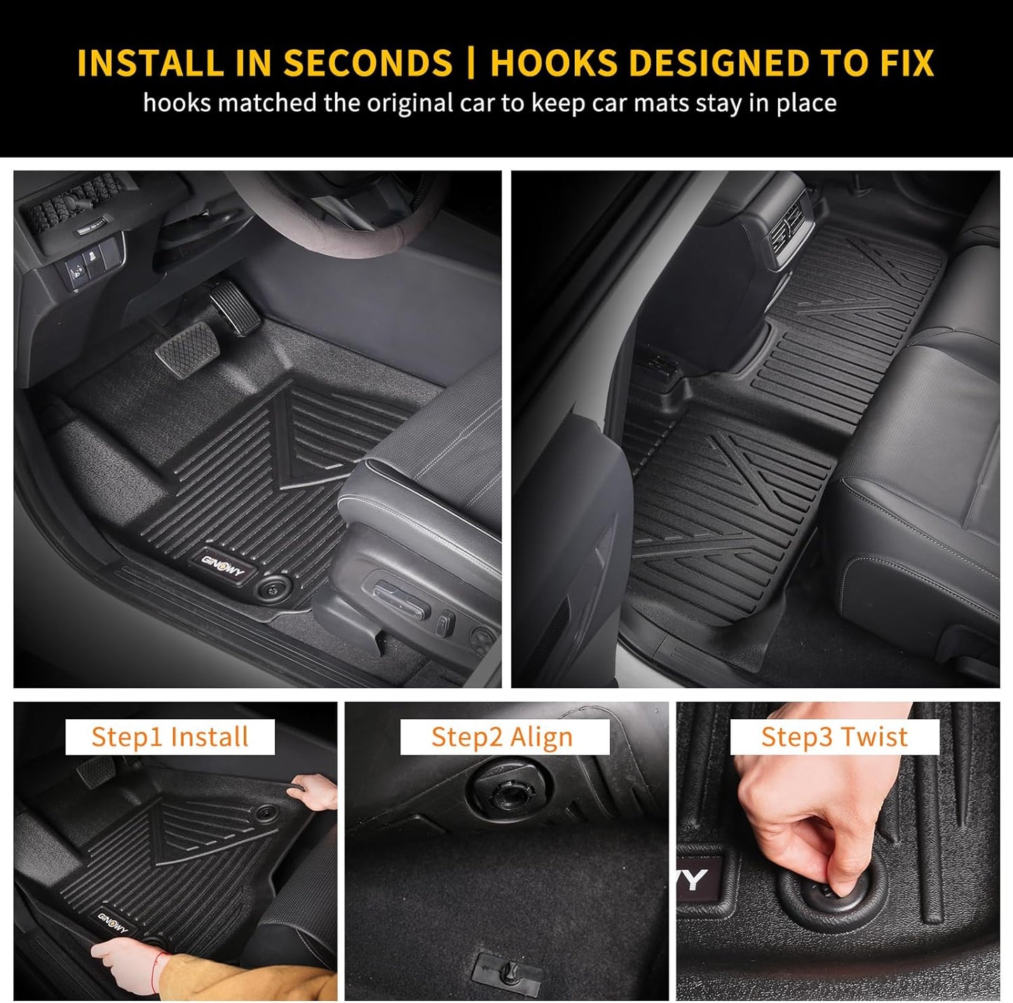 GINOWY-Floor Mats for Chevy Colorado 2023 2024 2025 Crew Cab &GMC Canyon, TPE All Weather Protection Floor Liners for Colorado 2024, Non-Slip Durable Waterproof Custom Fit Accessories, Black