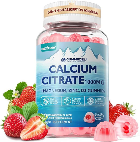 Calcium Citrate 1000mg, Calcium Gummies with Calcium & Magnesium 2:1 Ratio, Plus Vitamin D3, Zinc, B6 & Potassium – High Absorbable Calcium Chewable, Bone & Muscle Support, Vegan, Sugar-Free, 60Cts
