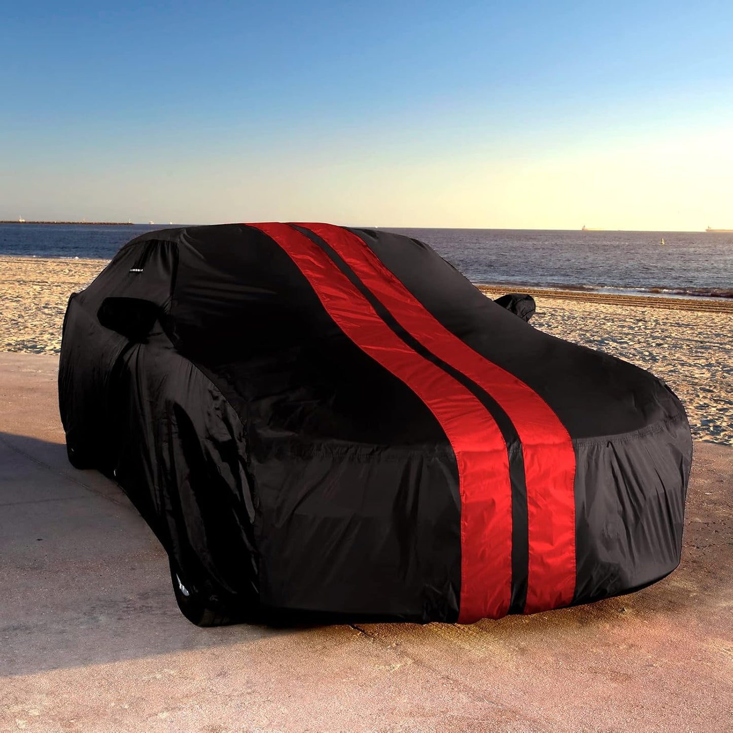 iCarCover Custom Car Cover for 1979-2004 Ford Mustang LX, GT Waterproof All Weather Rain Snow UV Sun Protector Full Exterior Indoor Outdoor Car Cover (Stripe - Black/Red)