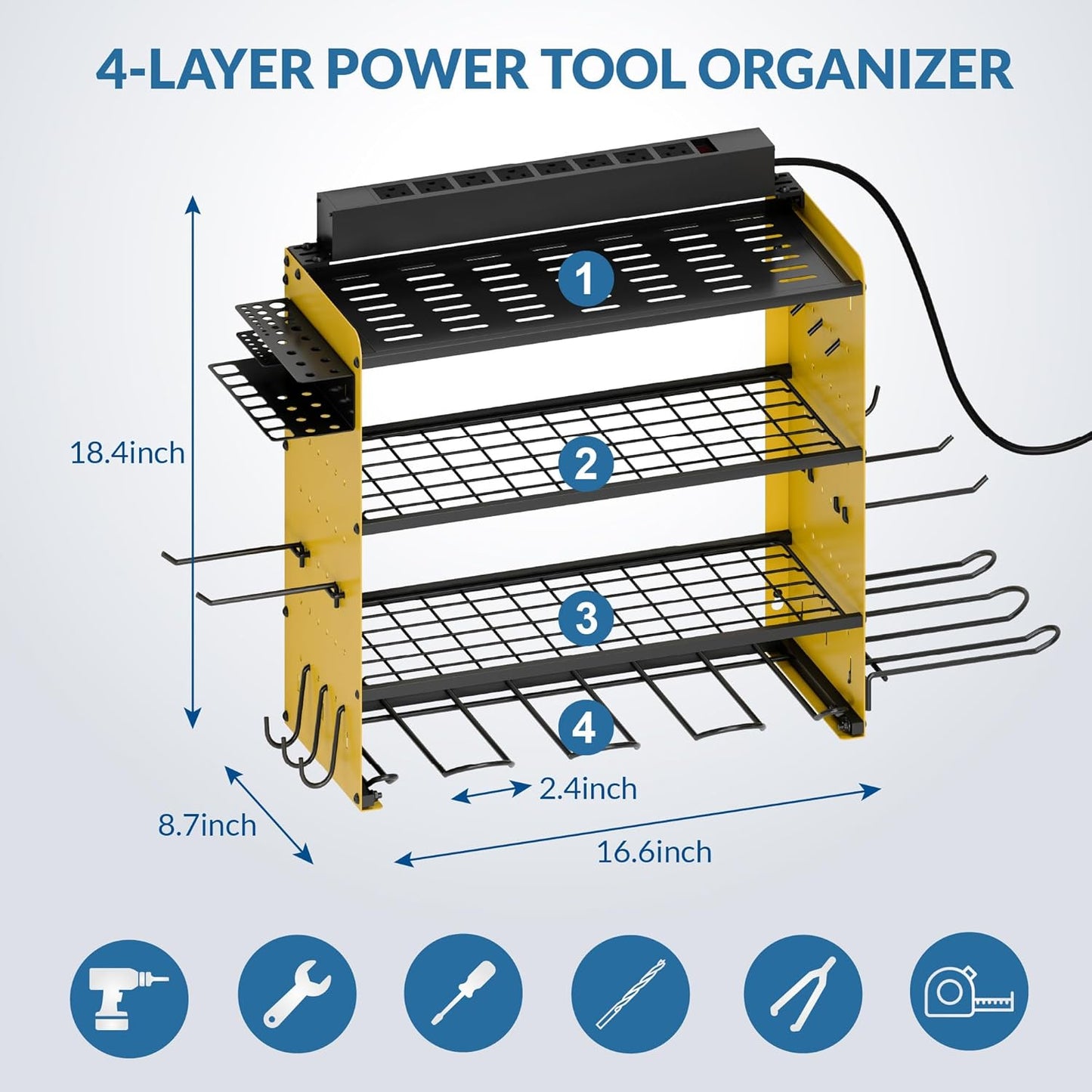 Power Tool Organizer with Charging Station, 4 Layers Garage Storage Rack with 6 Drill Holders, Father's Days Gift For Dad, Wall Mount Garage Organizer Built in 8 Outlets Power Strip, Yellow