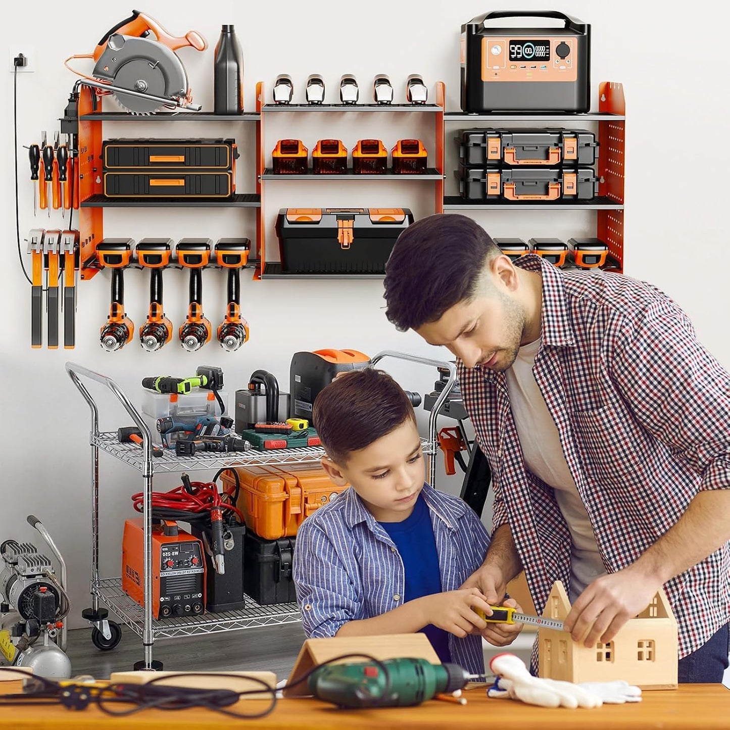Power Tool Organizer with Charging Station Wall Mount, 3 Layer Expanded Heavy Duty Garage Organization, 45.5 Inch Length Garage Tool Storage, 8 Drills, 2 Assemble Method, Orange