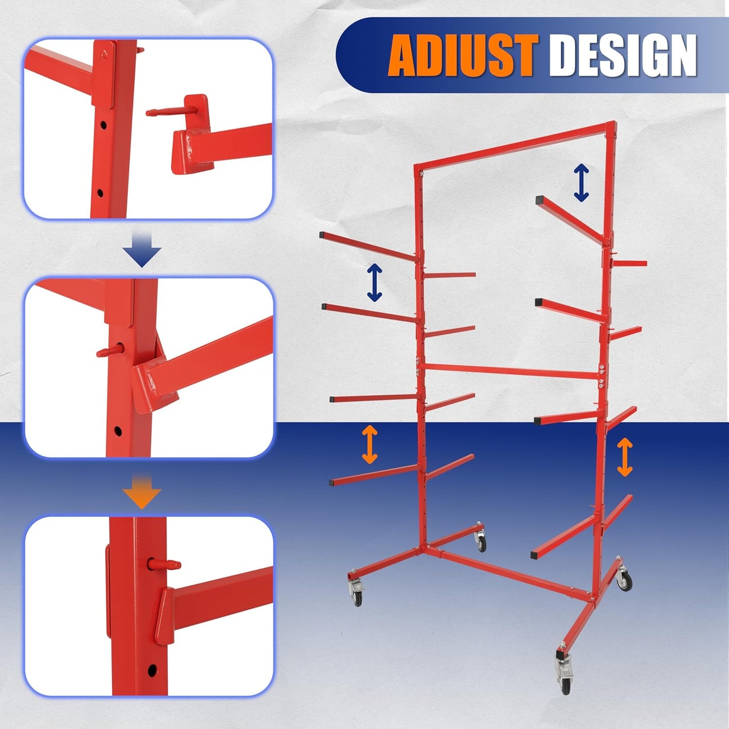 HECASA Bumper Adjustable Storage Rack Steel Floor Mobile Bumper Storage Rack - Double Sided for Automobile Parts Storage Red Powder Coated