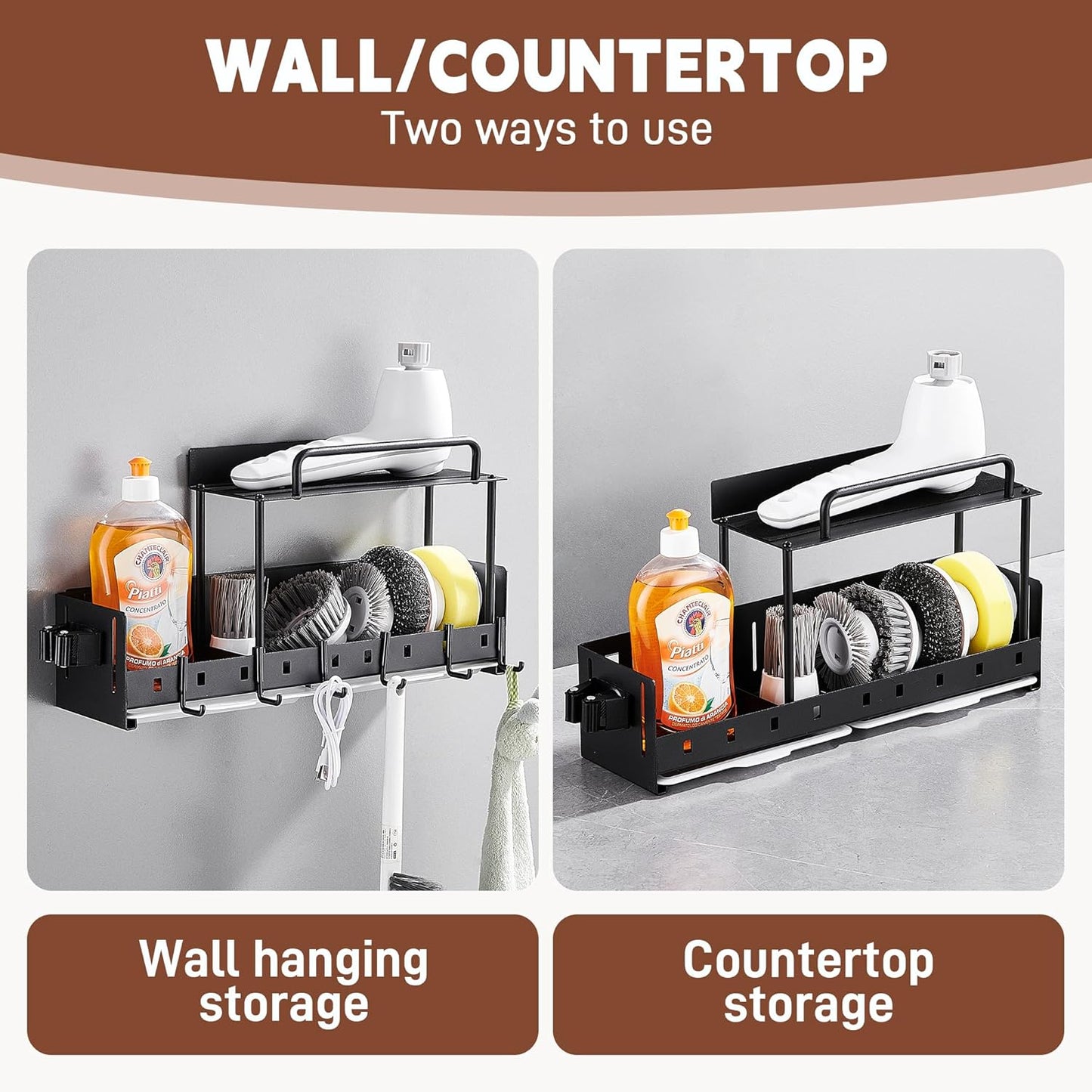 Wall-Mounted Cleaning Tool Organizer, 16.14x4.33x3.74 inches, Black Storage Rack with Drip Tray, Mop Holder with 5 Hooks