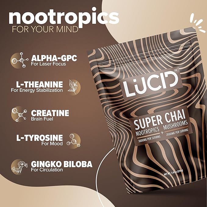 Lucid Superfood Organic Mushroom Chai with Nootropics - Lion's Mane, Tremella, Cordyceps & Turkey Tail - Instant Mushroom Chai Focus Brain Health - Alpha GPC, L-Theanine, Ginko Biloba - USA Made