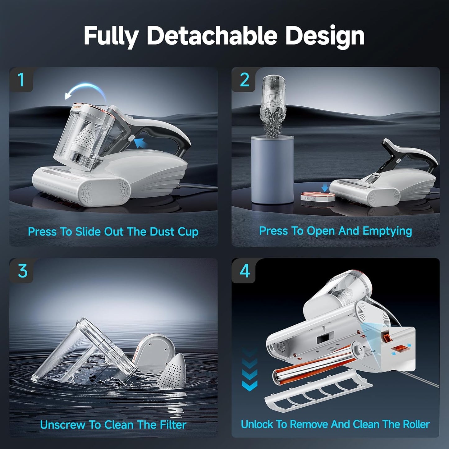 uwant Bed Cleaner with 16Kpa Suction Metal Roller 253.7nm Uv-c Light Mattress Vacuum Cleaner 36000RPM/Min 149℉ Heating HEPA Filter&Ultrasonic Mattress Vacuum for Sofa, Pillow, Bed Throws, Vanilla