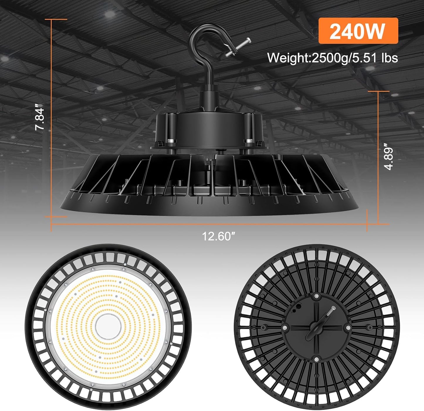3Pack LED High Bay Lights, Super Bright 240W UFO High Bay LED Shop Lights, 36000LM 5000K, 0-10V Dimmable, 5' Cable Plug, IP65 Waterproof, ETL Listed Plug & Play Lighting for Gym Factory Warehouse