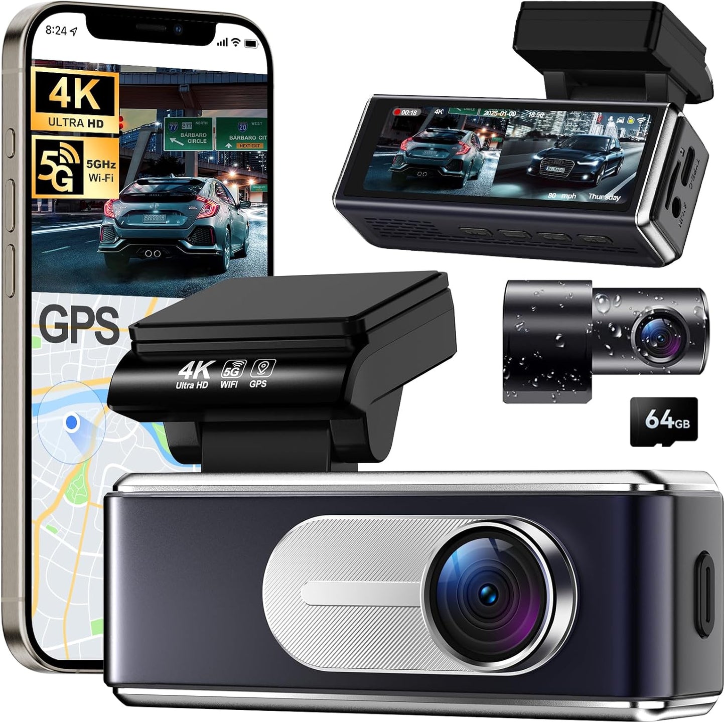 Dash Cam Front and Rear - 4K HD Dual Dash Camera for Cars, Built-in 5G WiFi GPS, 64GB Card, Dashcam with 3.2" IPS Screen, UHD Night Vision, HDR, App Control, 24H Parking Monitor