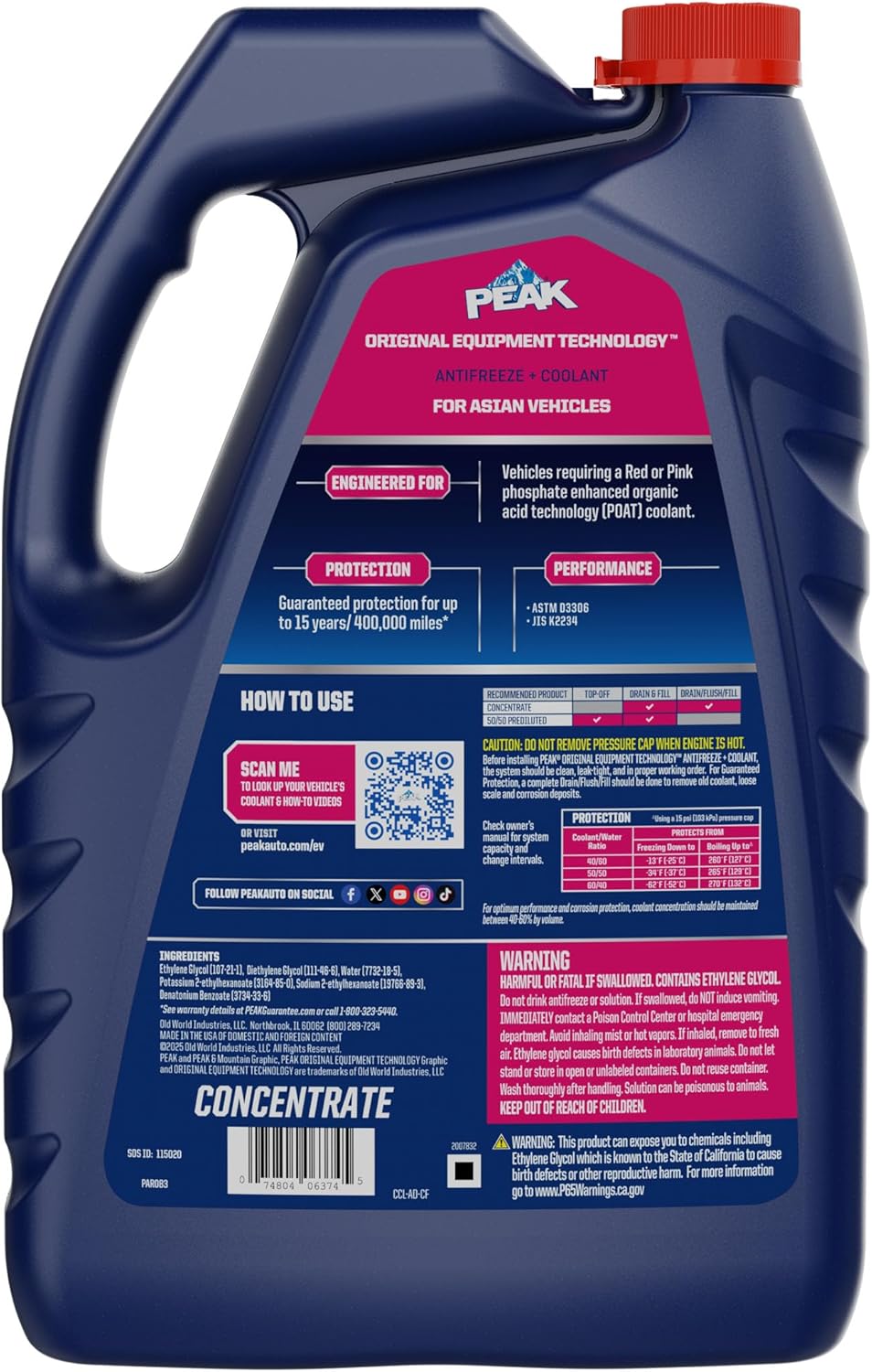 PEAK OET Extended Life Red/Pink Concentrate Antifreeze/Coolant for Asian Vehicles, 1 Gal.