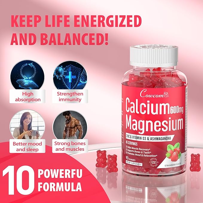 Calcium Magnesium Zinc Gummies & Vitamin D3,B6,B12,Immune & Supporting Bone Health Calcium Magnesium Supplement for Women Men,Sugar-Free Vegan Strawberry Flavor 90 Counts