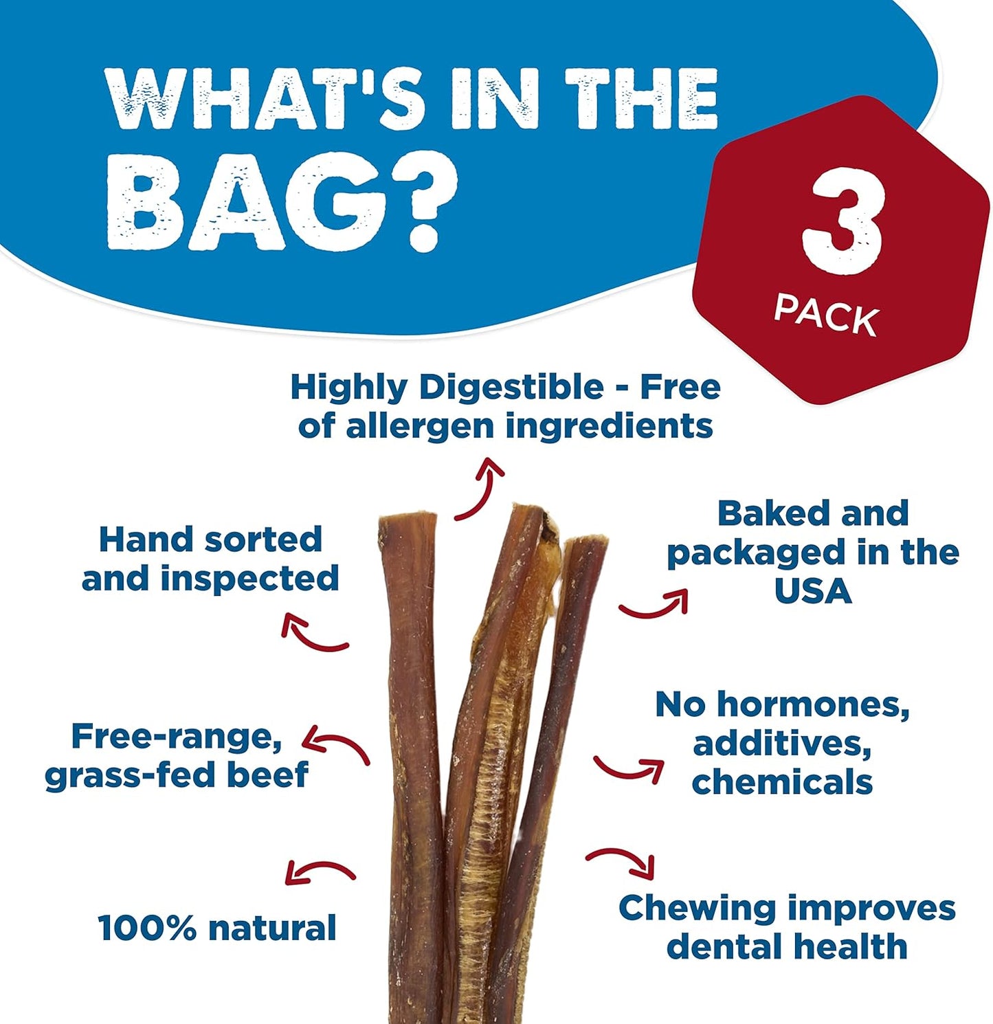 Best Bully Sticks 12 Inch Bully Sticks for Dogs - 3 Count (Pack of 1) - Natural, Easily Digestible, 100% Grass-Fed Beef, Grain and Rawhide Free - Trial Size