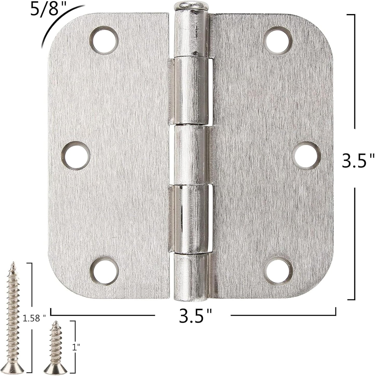 6 Pack Rounded Brushed Nickel Door Hinges 3.5 x 3-1/2" Inch, 5/8" Radius Interior Hardware 3 ½"Cottage Flat Bungalow Mobile Home Skyscraper Indoor Hinge for Doors Use Renovate Bedroom Kitchen