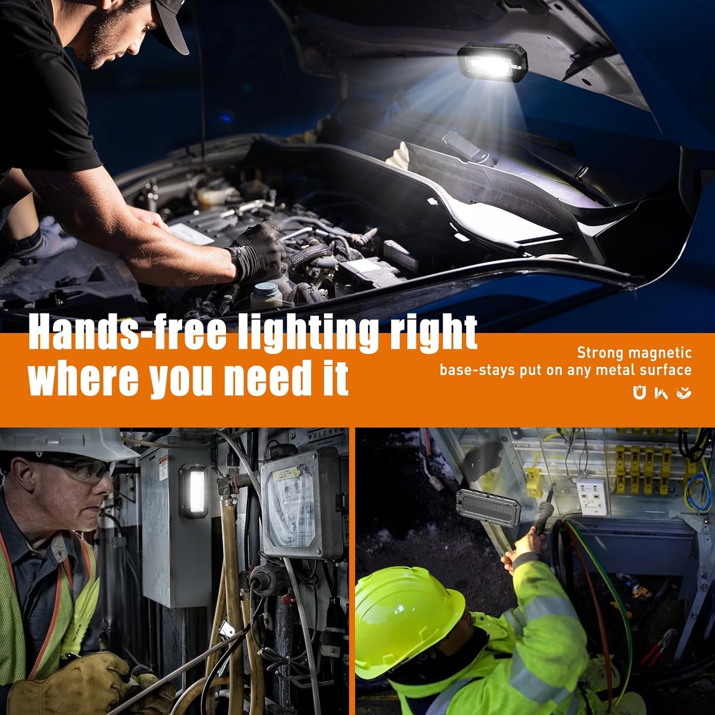 Rechargeable Work Light with Magnetic Base, 1200 Lumens LED Work Light, Portable Magnetic Work Lights with Hook Mechanic Light for Job Site, Workshop, Emergency and Camping