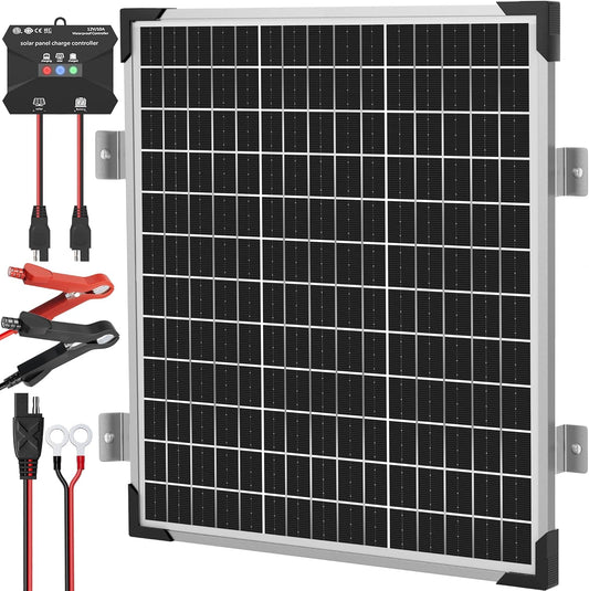 Solar Panel Kit 50W 12V, Solar Battery Trickle Charger Maintainer, Waterproof Solar Panel + Upgrade Charge Controller + Mount Bracket for Boat RV Motorcycle Marine