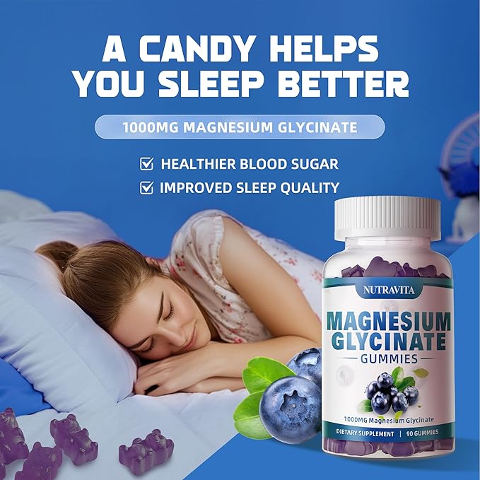 Magnesium Glycinate Gummies 1000mg with Magnesium L-Threonate,Chelated Magnesium Potassium Complex Supplement with VitD, B6, CoQ10, Calcium,Supports for Memory, Calm, Mood - 90 Gummies Blueberry