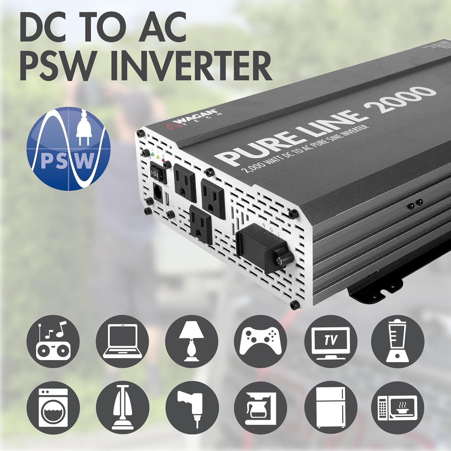 Wagan EL3808 Pure Line Power Inverter 2000 Watt DC 12V to 110V AC Car Pure Sine Wave Power Inverter for Home RV Camping Van Life Off Grid ETL Certified