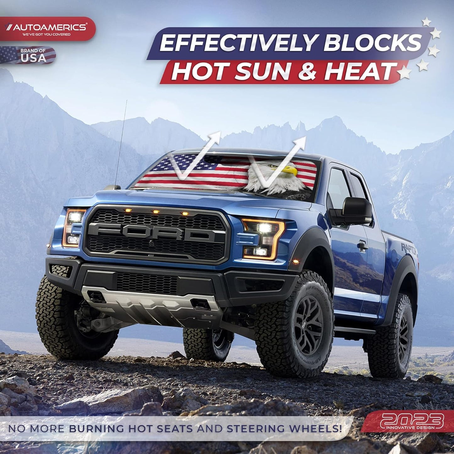 Autoamerics 1-Piece Windshield Sun Shade New American Eagle Flag USA Patriotic Design - Foldable Car Front Window Sunshade for Sedans SUV Truck - Blocks Max UV Rays and Keeps Your Vehicle Cool - Large