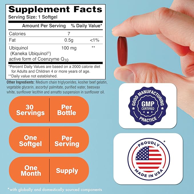 Health Thru Nutrition Ubiquinol 200mg 30 Softgels as Kaneka QH Reduced CoQ-10 | Stabilized - 3rd Party Tested | Enhanced Bioavailability | Cardiovascular & Mitochondria Function Support | Non-GMO