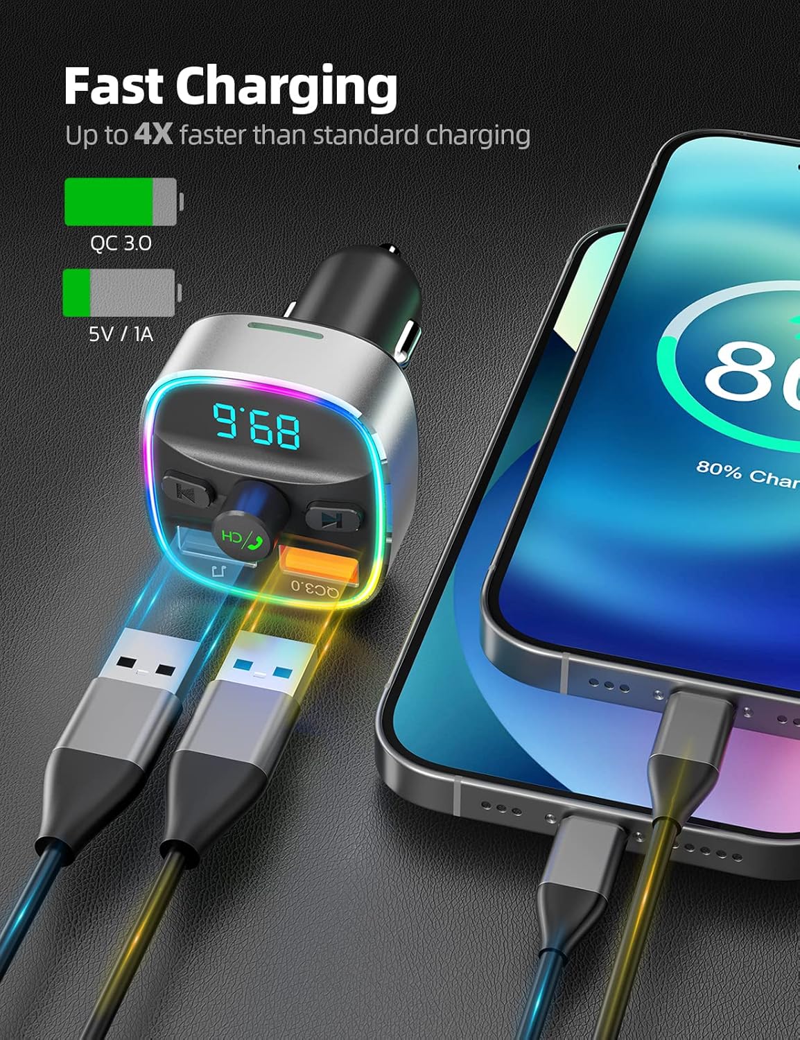 Nulaxy Bluetooth FM Transmitter for Car,Bluetooth Car Adapter Charger with Dual USB Charging Ports, MP3 Music Player Supports TF Card & USB Disk,Hands Free Calling, 7 Colors Led Backlit Light - Silver