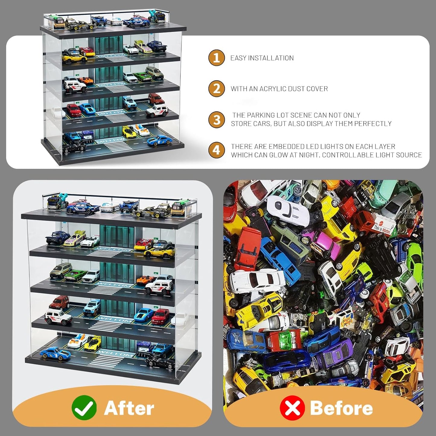 Display Case Compatible with Hot Wheels Garage & Matchbox Cars with LED Light 1/64 Scale Diecast Toy Cars Storage Case 5 Level Holds Max 75 Cars Storage Case for Hot Wheels Garage Gifts for Collector