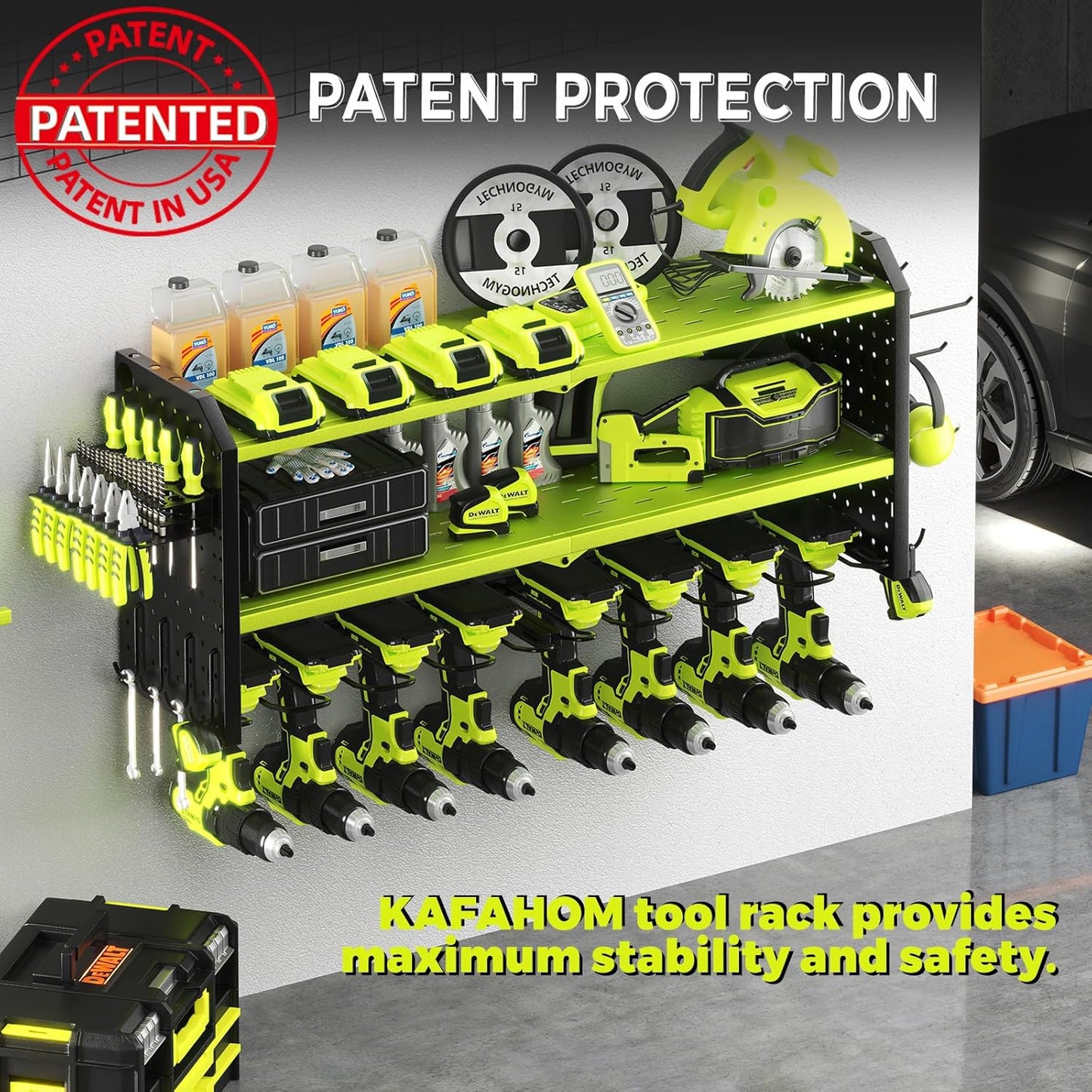 KAFAHOM Power Tool Organizer, Large 8 Drill Holder Wall Mount with 2 Side Pegboards, Heavy Duty Metal Tool Shelf with 12 Hooks, Storage Rack for Garage Organization, Utility Battery Shelves - Green